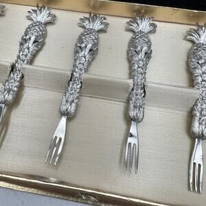 Set 6 Vintage Silver Plated Pineapple Oyster Appetizer Fork Janis Collection 4"
